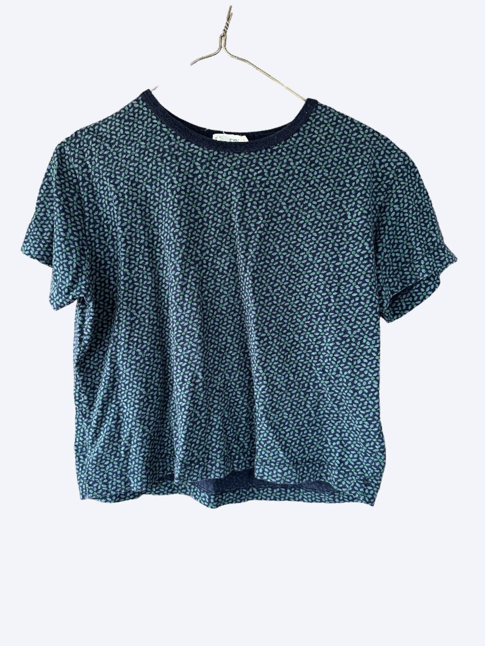 J.Crew Navy Teal Print Cotton Crop Top Short Sleeve Preppy Medium Large